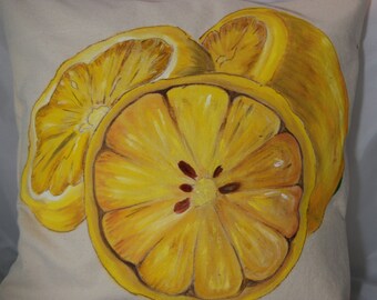 Lemon slice painting on canvas pillow with button closure