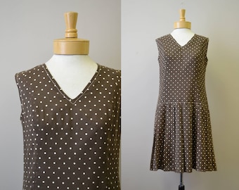 1960s California Girl Brown Polka Dot Drop Waist Dress