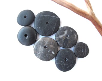 Natural Stone Cairn Mediterranean Beach Stone Stacks Pebble Rock Donut Beads River Stone Spacers DARK WHEELS 16-26 mm