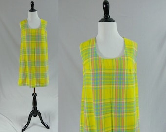 60s Yellow Plaid Dress - Sleeveless - Handmade - Pink Blue Purple White - Mod Plaid Dress - Vintage 1960s - M L