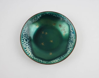 Vintage Copper Green Enamel Trinket Dish Signed by Edward Winter White Speckle Rim