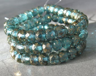 NEW Aqua Antique Gold Czech Glass Beads 5x3mm Faceted Rondelle : 30 pc Full Strand Czech Bead