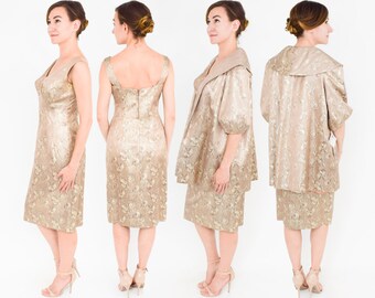 50s Gold Floral Brocade Dress | Matching Dress & Evening Wrap | Lilli Diamond | Medium
