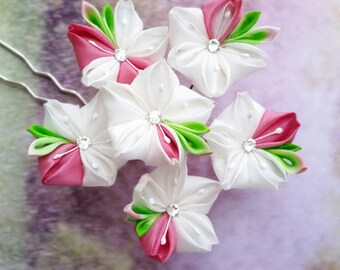 Kanzashi Fuchsia Snow White Silk Cherry Blossom Festival Flower Prong Handmade By Mizusgarden