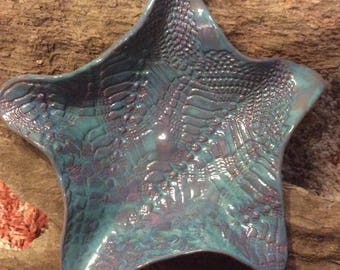 Handmade Pottery 8" Bluish-purple with blue Starfish bowl - lace applique design