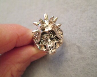 Silver Skull Face with Spiked Helmet Ring> Great Biker Ring> Various Sizes> Vintage, new old stock