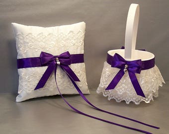 Regal Purple Wedding Flower Girl Basket & Ring Bearer Pillow Set on Ivory or White ~ Allison Line ~ (May also be purchased individually)