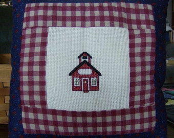Cross Stitched School House Pillow