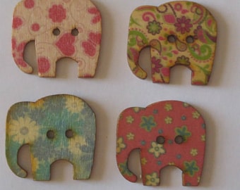 4 Wooden Elephant Buttons, Multi Color Buttons - #SB-00374
