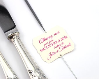 10 labels for sparklers, with the names of groom, baroque shape