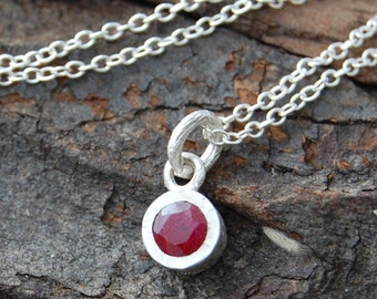 Pendant Necklace, Silver Gemstone Necklace, Silver Ruby Necklace, Red Gemstone, Birthstone Necklace, Round Pendant, Real Ruby Necklace