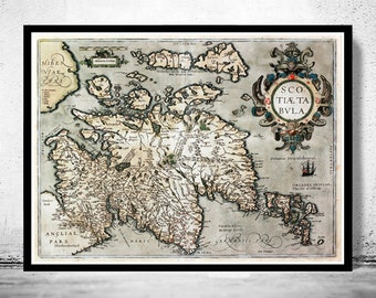 Old Map of Scotland 1602 Sea Monster Vintage