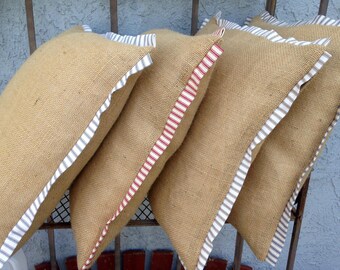 Burlap Ticking 16 x 16 Pillow Cover, Zippered Pillow, Red Ticking Pillow cover, Blue Ticking Pillow cover, Grey Ticking pillow cover