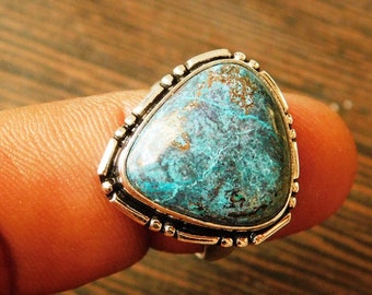 Chrysocolla Ring, Statement Stone Ring, Turquoise Blue Gemstone Ring, Sterling Silver Bezel Ring, Artisan Ring, chrysocolla ring,(R-25)