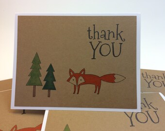 Set of 6 handmade hand stamped thank you cards notes forest fox