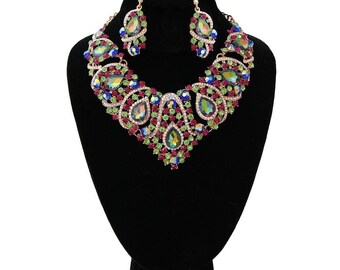 Green Multi Color Crystal Bib Necklace Set