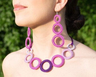 Fashion crochet necklace - Fiber necklace - modern crochet necklace cotton - cyclamen color - very light