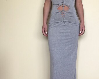 XS/S heather gray tie neck pixie weaved halter maxi