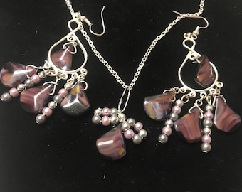Purple Bow Necklace and Chandelier Earring Set