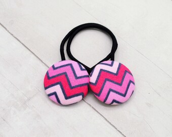 Pink Black Chevron Fabric Button Ponytail Holder, Hair Accessory for Girls, Gift for mom, Easter Basket Filler, Elastic Hair Tie, Small Gift