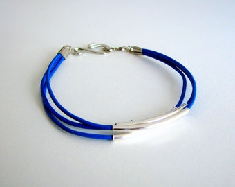 Thin Blue Leather Bracelet with Silver Tubes