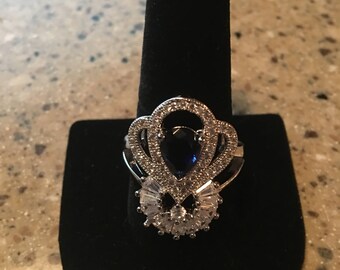 Stunning large blue simulated sapphire sterling silver ring