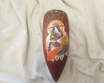 vintage ceramic asian style wall sconce with woman gold orange and red