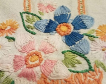 Vintage Dresser Scarf or Table Runner Hand Embroidered Crocheted 38" X 16"