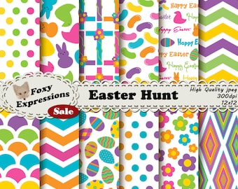 Easter Hunt Digital Paper Pack comes in bright spring colors. Designs include easter eggs, jelly beans, crosses, peeps candy, flowers & more