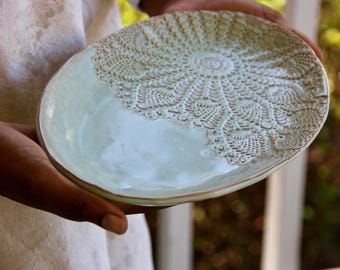 Oval Ceramic Dish, ceramic platter, handmade pottery, serveware, lace imprint, custom pottery, wedding and housewarming, ceramic plate