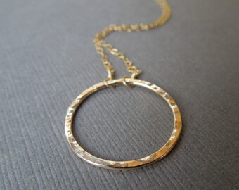circle necklace, simple gold necklace, delicate gold necklace, hammered circle pendant, bridesmaids wedding gift, everyday necklace, N97