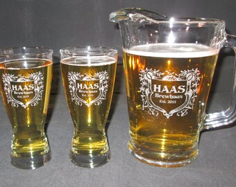 Beer Pitcher Set, Engraved Personalized Hourglass Pilsner & Pitcher Set, Engraved Beer Glass Set, Engraved Beer Pitcher Set,