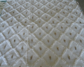 Vintage BROWN DOT on white fabric chenille bedspread LARGE piece