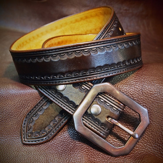 Brown leather belt Tooled Western border Distressed buckle 1-3/4" wide handmade for YOU in USA by Freddie Matara