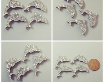 4x laser cut acrylic dolphin cabochons silver glitter