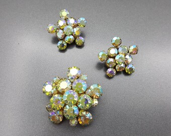 Weiss Star Burst Aurora Borealis brooch and clip earrings Art Deco MCM