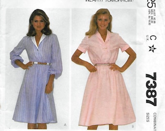 McCall's 7387 Women's 80s Pullover Dress Sewing Pattern with Shawl Collar Bust 34, 36, 38