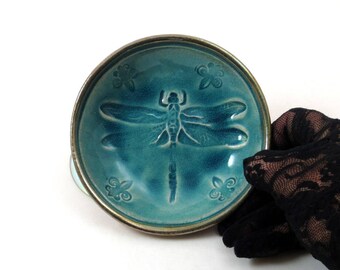 Dragonfly Bowl Handmade Ceramic Raku Pottery in Turquoise fleur de lis