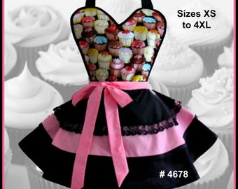 Apron # 4678 - Cupcakes apron with pink and black layered bottom