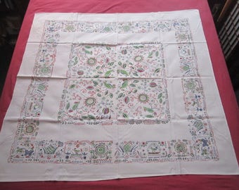 Vintage 1950s Colorful 50x52 Red and Green Floral Birds Kitchen Tablecloth