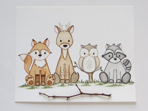 Watercolor painting baby shower gift nursery art woodland