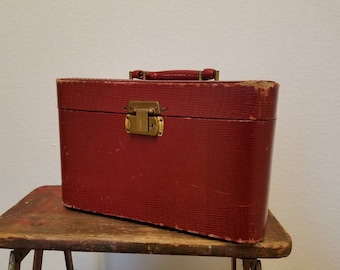 traveling light - 1940s red train case with mirror and bonus inside case, vintage luggage, retro make-up case, suitcase