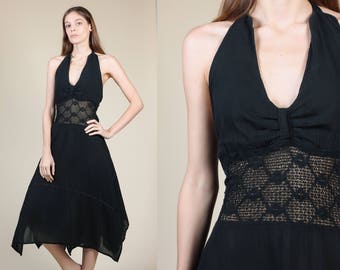70s Crochet Hippie Dress - XS/Small/Medium // Vintage Black Boho Handkerchief Hem Halter Dress
