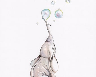 Baby Elephant and Bubbles Watercolour Art