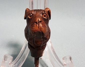 RARE Antique sculpté : canne à tête de chien avec des yeux de verre