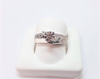 Vintage 1960's 14K White Gold Leaf Design Diamond Solitaire Engagement Wedding Band & Ring Size 6.5