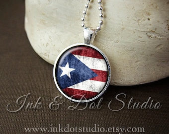 Rustic Puerto Rican Flag Necklace, Puerto Rico Flag Necklace, Puerto Rican Flag Pendant