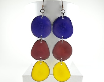 Pansy Purple, Garnet, Sunshine Yellow, Shoulder Duster, Trio of Tagua Nut Eco Earrings with Free USA Shipping #taguanut #ecofriendlyjewelry