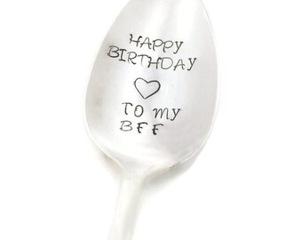 Stamped Spoon - Happy Birthday BFF Gift - Vintage Silverware Funny Personalized Spoon, Gifts Under 15 For Best Friend Stamped Flatware