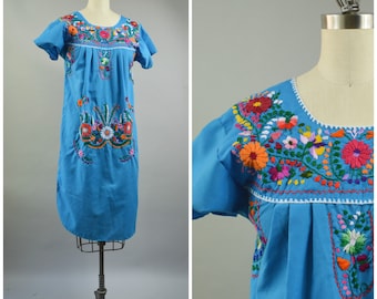 1980s Mexican Dress Embroidered Flowers on Turquoise Blue Cotton Boho Dress Hand Embroidery Size Small Size Medium